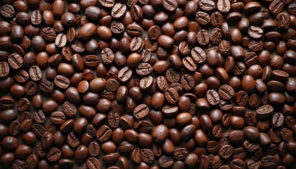 Primer plano de granos de café tostados de distintos tonos, con la grieta central visible, en luz cálida