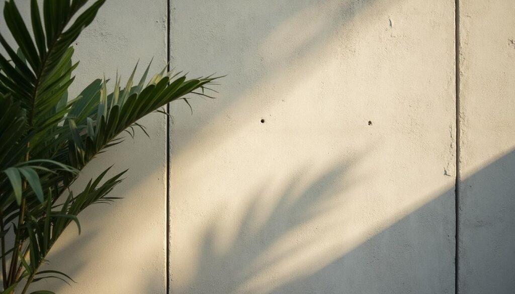 Muro de concreto a la vista con sombras de hojas tropicales en La Doble Ele Boutique, El Poblado, Medellín