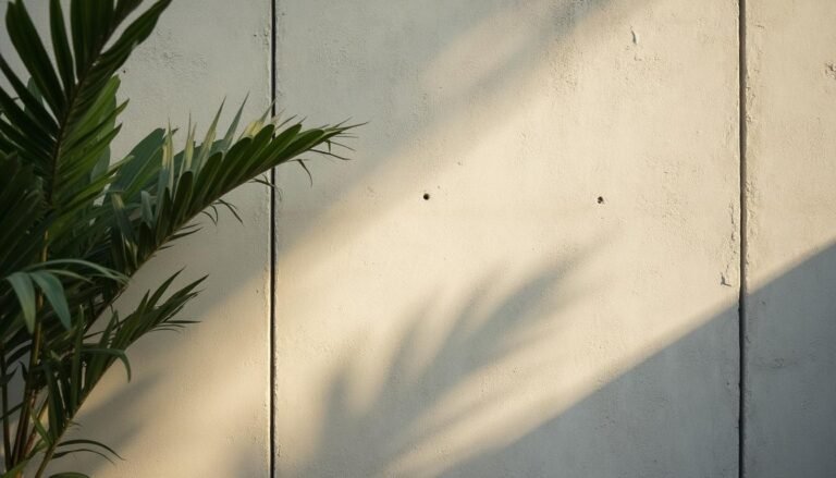 Muro de concreto a la vista con sombras de hojas tropicales en La Doble Ele Boutique, El Poblado, Medellín