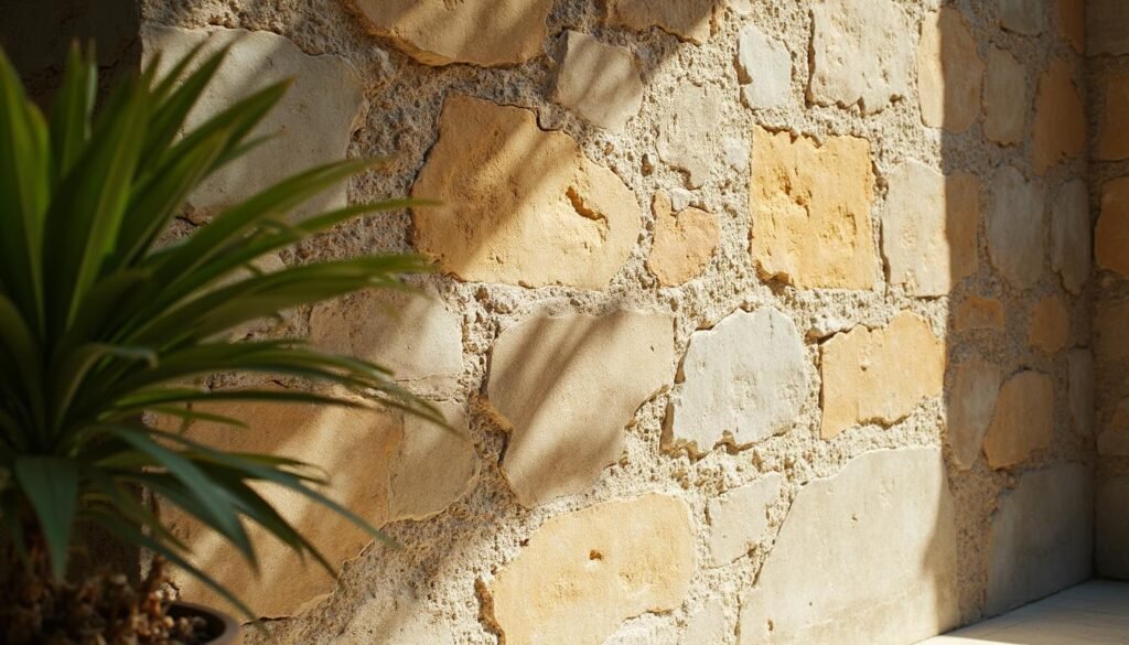Detalle de muro de piedra local con sombras de hojas tropicales en La Doble Ele Boutique, El Poblado, Medellín