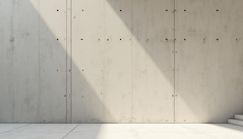 Detalle de muro de concreto a la vista con juntas de encofrado y luz natural lateral, arquitectura de La Doble Ele en El Poblado, Medellín