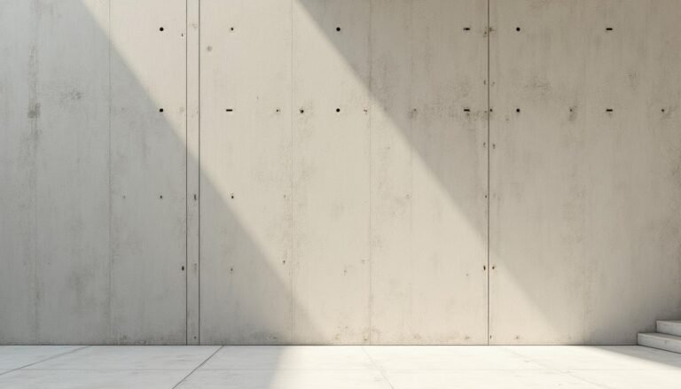 Detalle de muro de concreto a la vista con juntas de encofrado y luz natural lateral, arquitectura de La Doble Ele en El Poblado, Medellín