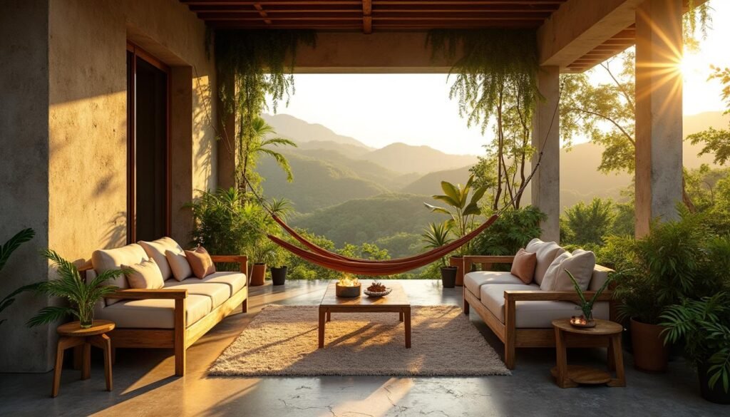 Terraza de hotel boutique en El Poblado, Medellín, con vegetación tropical y concreto a la vista al atardecer