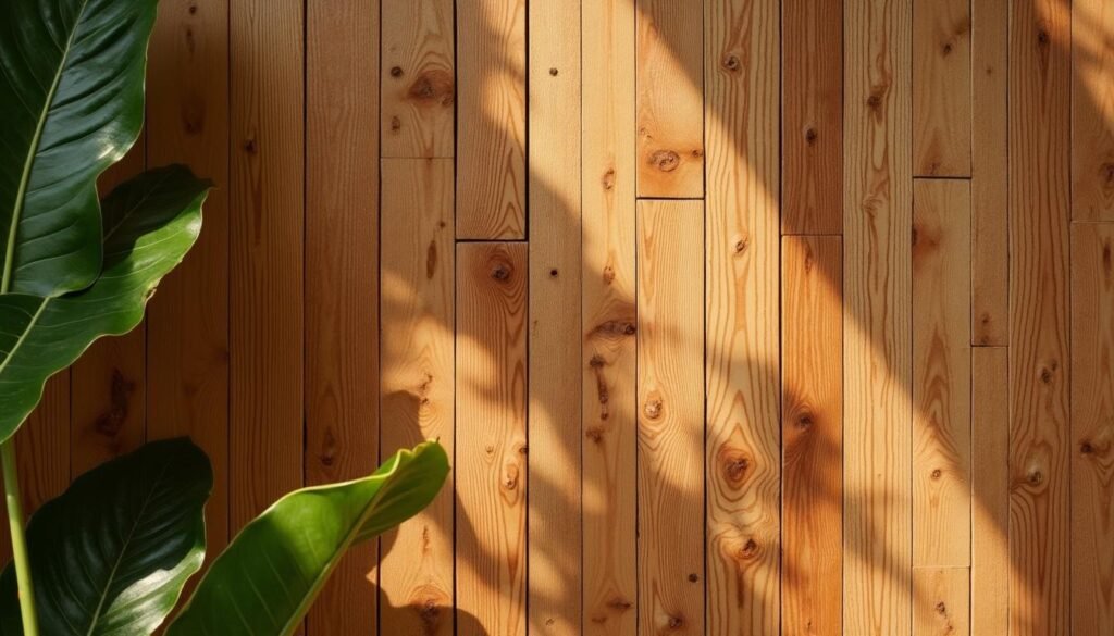 Detalle de muro de madera tropical con sombras de hojas y luz natural en La Doble Ele Boutique, El Poblado, Medellín